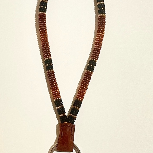 Brown, black and gold beaded lanyard wristlet keychain - Picture 2 of 3